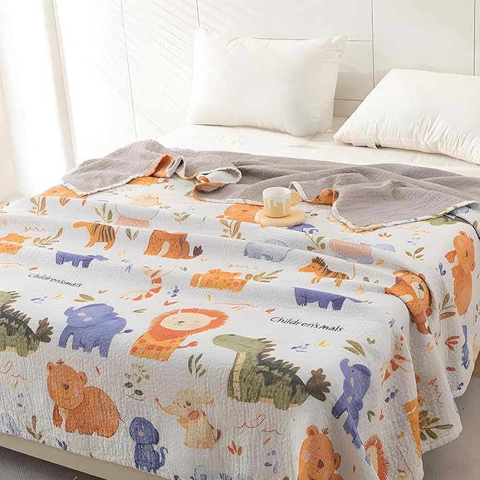 Bnitoam Animals 100% Cotton Bed Blanket Twin Size 60x80 3 Layer Muslin Blanket Cooling Breathable Lightweight Summer Gauze Throw for Hot Sleepers Adult Birthday Gift (Print Animals 60x80)