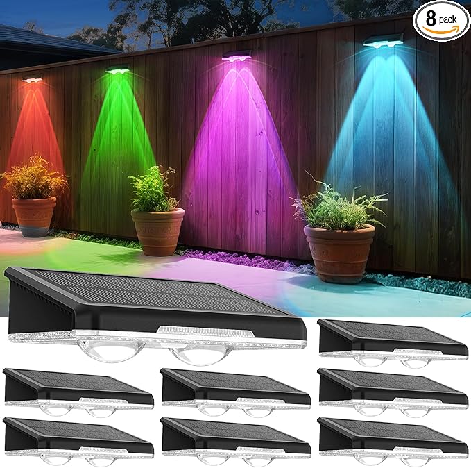 Solar Fence Lights Outdoor 8 Pack - 8 Modes (RGB Cycle/Fixed) Fence Lights Solar Powered for Outside IP65 Waterproof Deck Lighting for Wall Step Patio Pathway Stairs