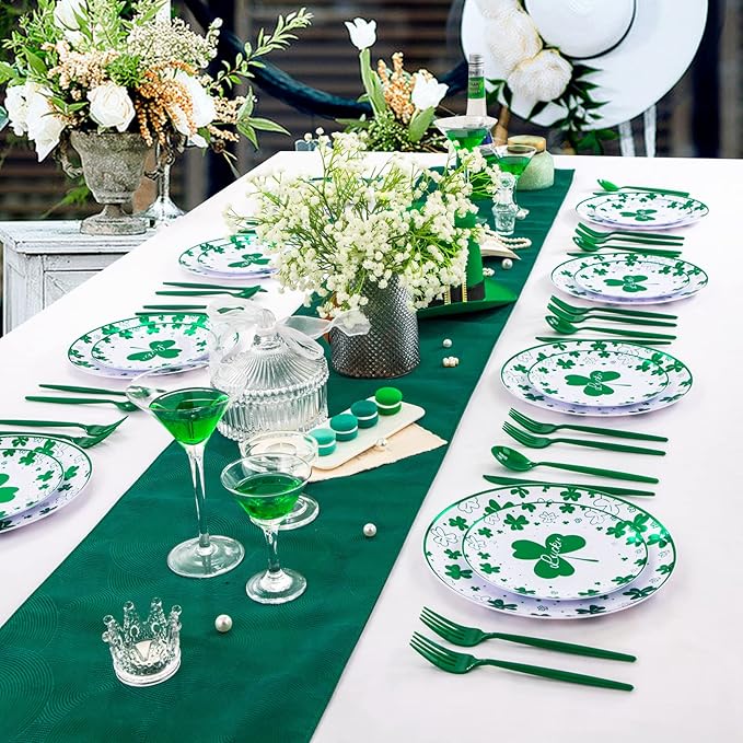 Rubtlamp 60Pcs Plastic Green PlatesSt Patricks Day Plates with Green Trefoil and Lucky Alphabet Green Disposable Plates include 30 Plastic White Dinner Plates and 30 Salad Plates for Spring