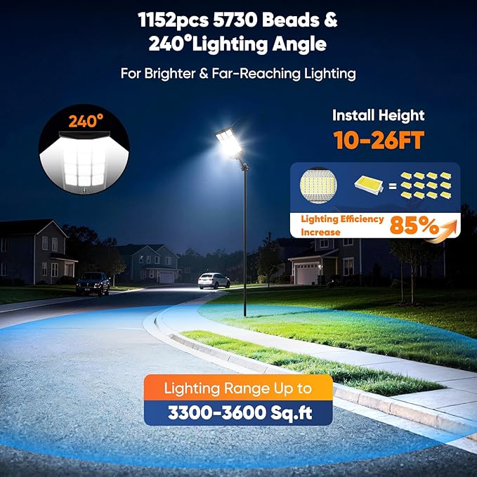 9000W Solar Street Light Outdoor Waterproof 27 240000LM Solar Light with Motion Sensor 6500K Dusk to Dawn Security LED Flood Light Commercial Outdoor Lighting for Parking Lot Yard Driveway Farm
