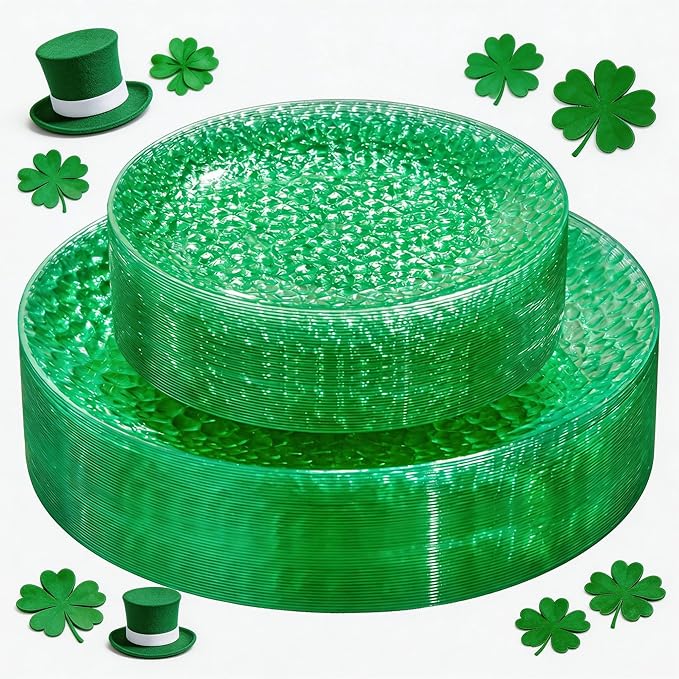 Rubtlamp 60Pcs Green Plastic Plates Heavy Duty St Patricks Day Plates With Hammered Design Green Party Disposable Plate Include 30 Dinner Plate 30 Salad Platos Fancy Plastic Platos For Easter