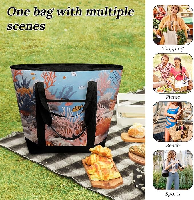 Insulated Shopping BagLarge Reusable Cooler Bags Coral Reef Printed Foldable Shopping BagTravel Waterproof Shoulder Bag