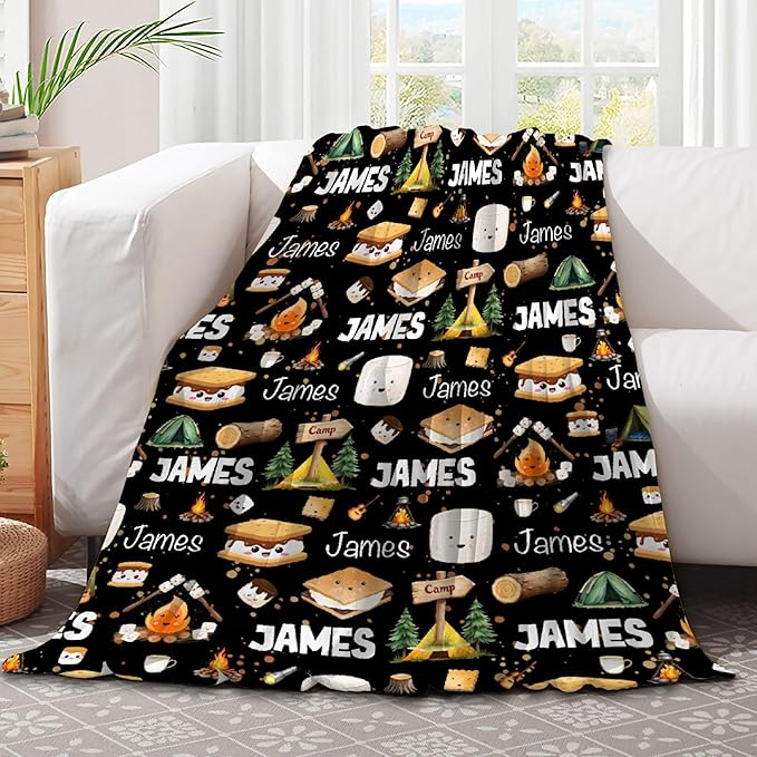 Custom Marshmallow Blanket with Name | Personalized Camping Blanket for Girls Boys | Ultra Soft Customized S'Mores Throw for Couch/Sofa/Travel/Camping Home Decor - 40x50-Kids/Throw Size
