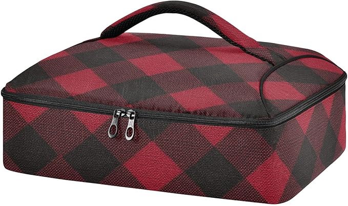 Casserole Carrier Red Black Plaid Insulated Casserole Carrier for Hot or Cold Food Thermal Lunch Tote for Parties Picnic Travel Carry Bag