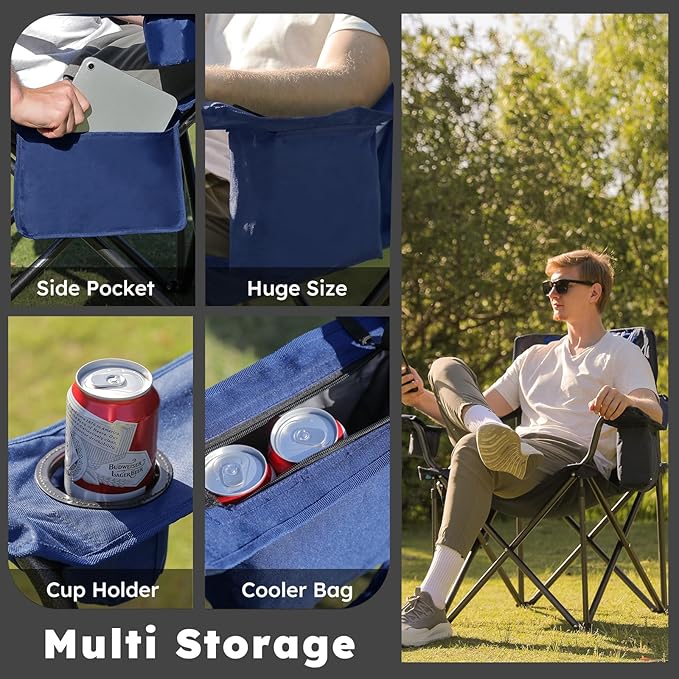 Oversized Camping Chairs 2 Pack - 450lbs Support Heavy Duty Folding Camp Chair Wide Portable Outside Collapsible Chairs with Carry BagCoolerCup Holder for OutdoorLawnSportsBaseballSoccer-Navy