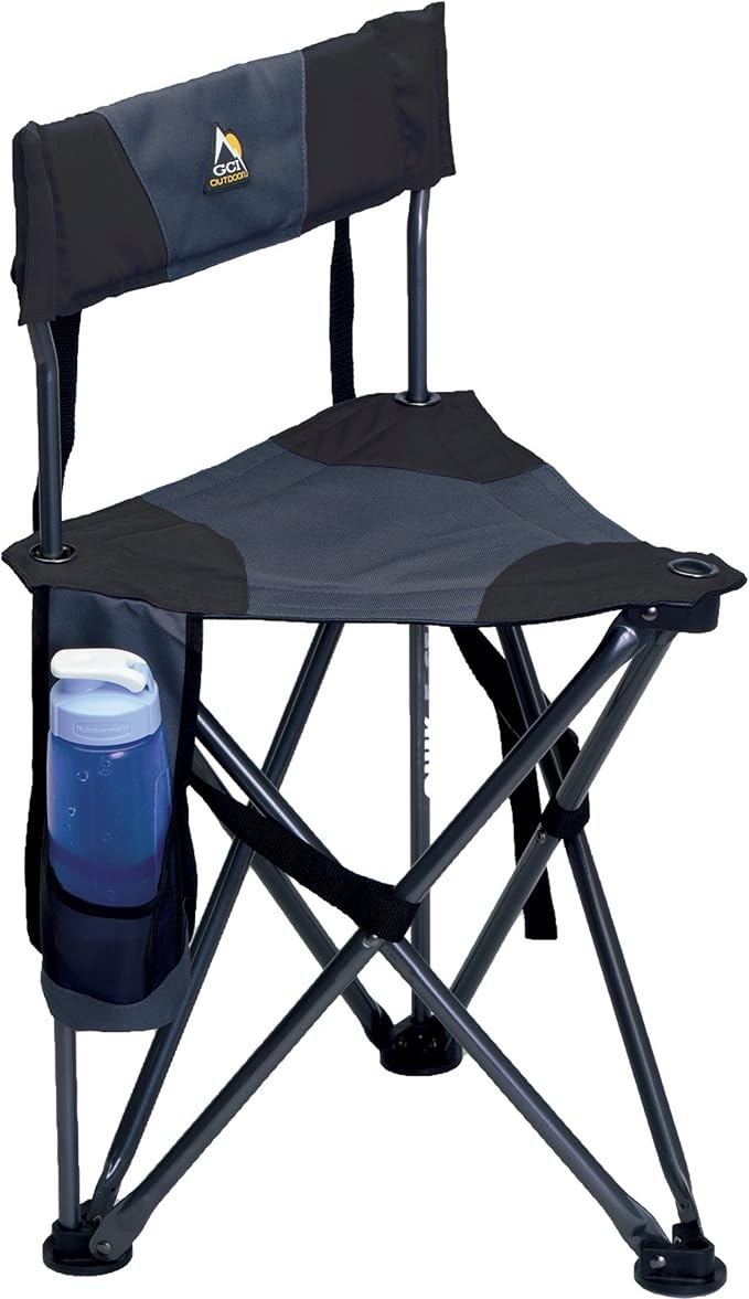GCI Outdoor Quik-E-Seat | Portable Folding Tripod Chair with Drink Holder and Padded Lumbar Support — Black