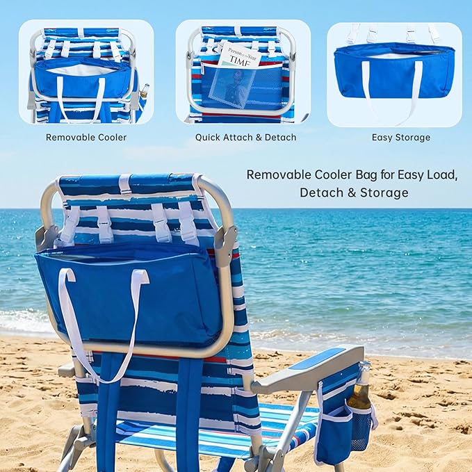SUNNYFEEL Beach Chairs for Adults 2 Pack 5 Position Lay Flat Portable Folding Backpack Beach Chair Heavy Duty with Cooler Bag Cup Holder for Outdoor/Lawn/Picnic Foldable Camping Chair