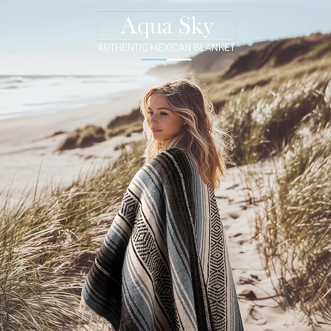 Hydration Nation Authentic Large Handwoven Mexican Blanket - Soft Yoga- Durable Serape- Lightweight Falsa Beach Camping Picnic Outdoor Blanket 70x50 - Aqua Sky