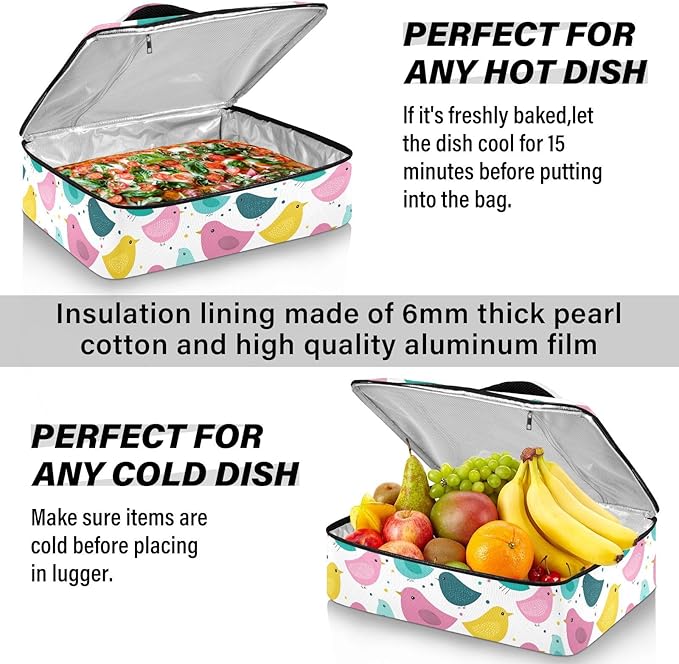 Casserole Carrier Adorable Pattern BirdsInsulated Casserole Carrier for Hot or Cold Food Thermal Lunch Tote for Potluck Parties Picnic Beach Fits 9 x 13 Inches Baking Dish