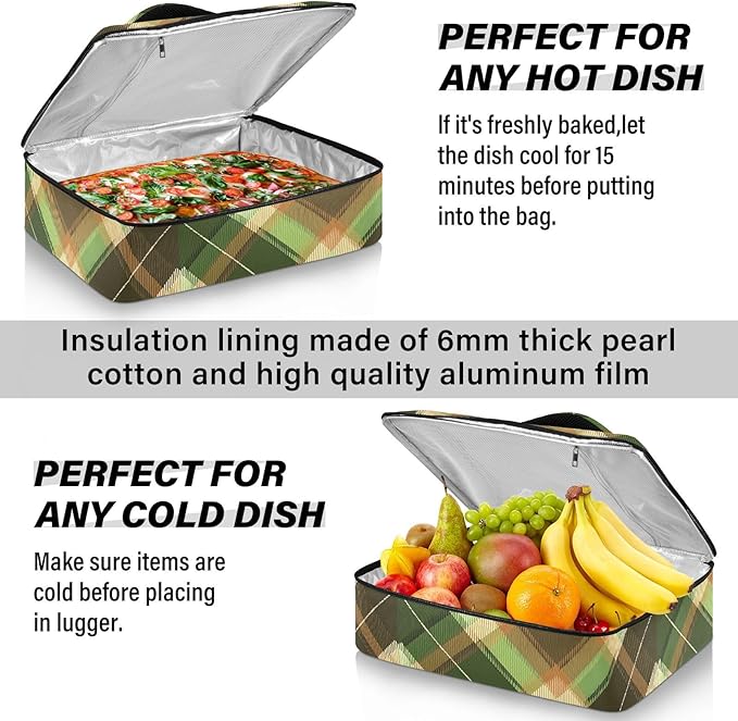 Casserole Carrier Green and Brown Tartan Insulated Casserole Carrier for Hot or Cold Food Thermal Lunch Tote for Parties Picnic Travel Carry Bag