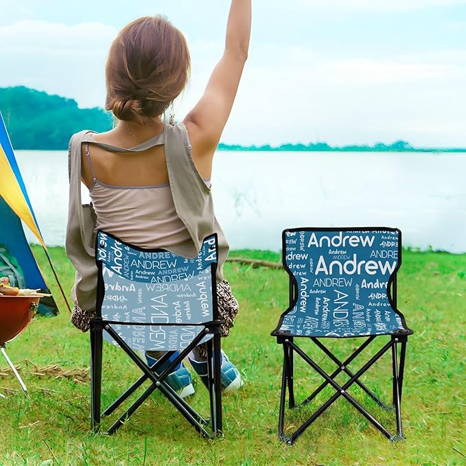 Sinestour Ice Blue Custom Folding Camping Chair for Teen Child Personalized Name 14.6×14.6in Portable Outdoor Chair with Carry Bag for Travel Picnic Barbeques