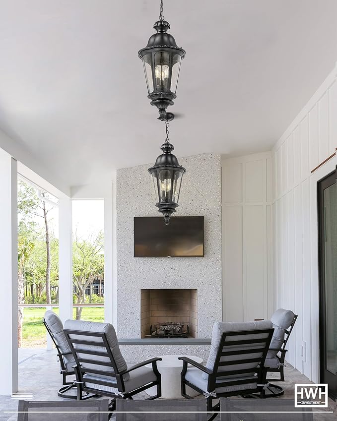 Outdoor Pendant Lights for Porch HWH 26'' Large Exterior Hanging Light Fixtures with Seeded Glass Outdoor Hanging Chandelier for Porch Patio Gazebo Hallway Matte Black Finish 5HW90H-L BK