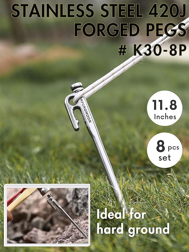 CAMPINGMOON 11.8-inch Forged Tent Pegs 8-Pack Stainless Steel 420J Heat Treated High Fatigue Strength HB366-388 Maruda Stakes K30-8P