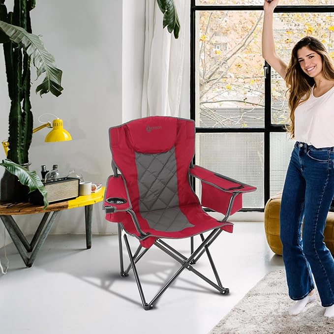 ARROWHEAD OUTDOOR 2-Pack Portable Folding Camping Quad Chair w/ 6-Can Cooler Cup &amp Wine Glass Holders Heavy-Duty Carrying Bag Padded Armrests Headrest &amp Seat Supports up to 550lbs