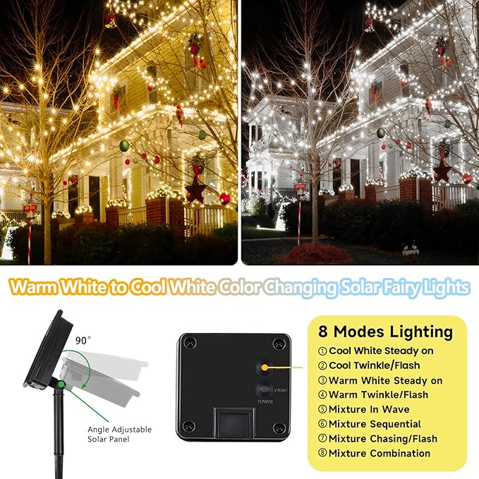 Warm White and Cool White Color Changing Solar String Lights for Outside 2 Pack 400LED Solar Fairy Lights Outdoor Waterproof Copper Wire with 8 Modes Solar Twinkle Lights for Tree Garden Party