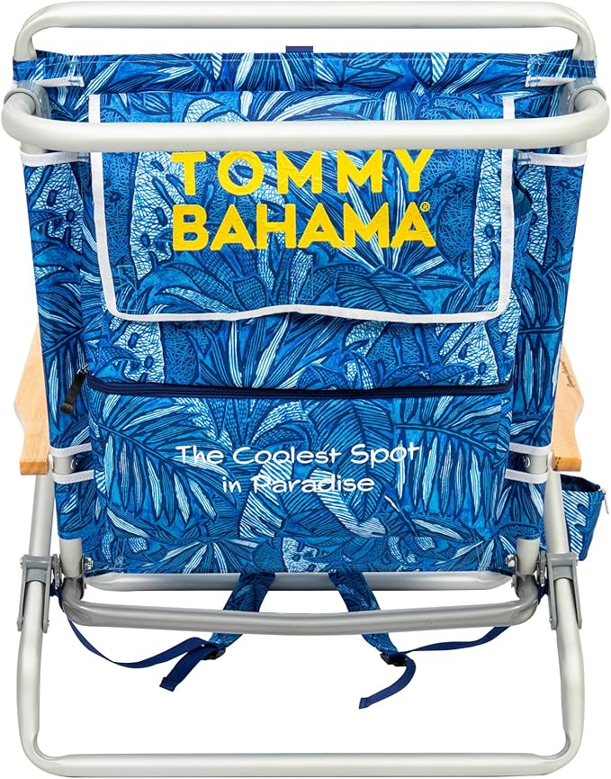 Tommy Bahama 2-Pack 5-Position Classic Lay Flat Backpack Beach Chair with Cooler and Cup Holder Portable Folding Beach Chair for Tanning Blue Tropical Leaves