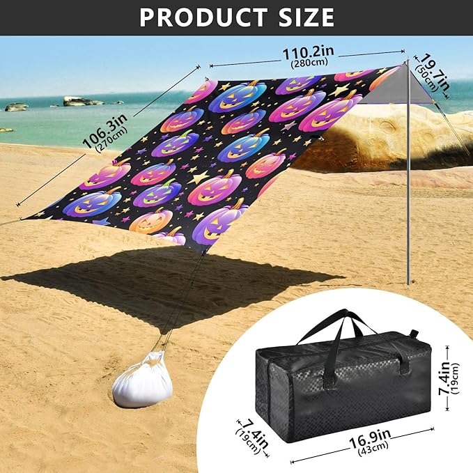 ALAZA Halloween Rainbow Pumpkin Cute Beach Tent Sun Shelter UPF50+ Protection Beach Shade Canopy w/ 4 Sandbags for Outdoor Camping Fishing Backyard Fun Picnic 10x9 ft