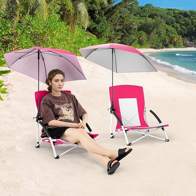 GYMAX Folding Beach Chair 330lbs Low Seat Camping Chairs with Removable Adjustable Umbrella Carry Bag Armrests Anti-Slip Foot Pads Lightweight Mesh High Back for Lawn BBQ Sport Event (1Pink)
