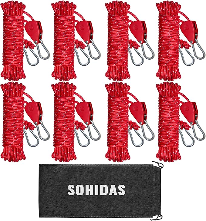 Camping Rope Reflective Tent Rope Guyline with Ratchet Pulley Tarp Tie Down Ropes for Tent Tarp Canopy Shelter Camping 13ft Adjustable Guy Line for Canopy Tent 8 Pack Guy Lines Tents Cords