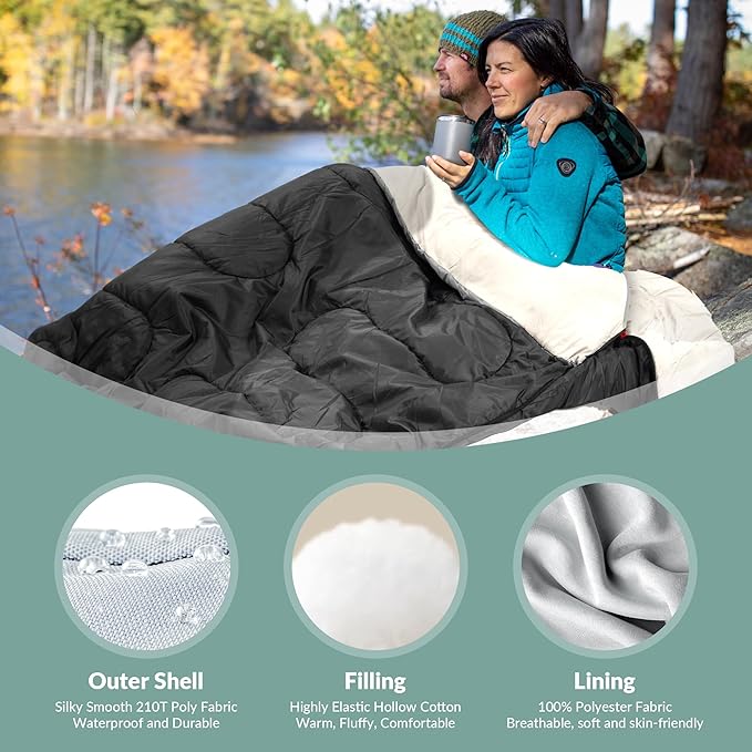 Elevon Double Sleeping Bag 2 Pillows for Adults Queen Size XL Sleeping Bag Waterproof Compact with Compression Sack 2 Person Sleeping Bags Cold Warm Weather- 3 Seasons Backpacking Hiking Travel