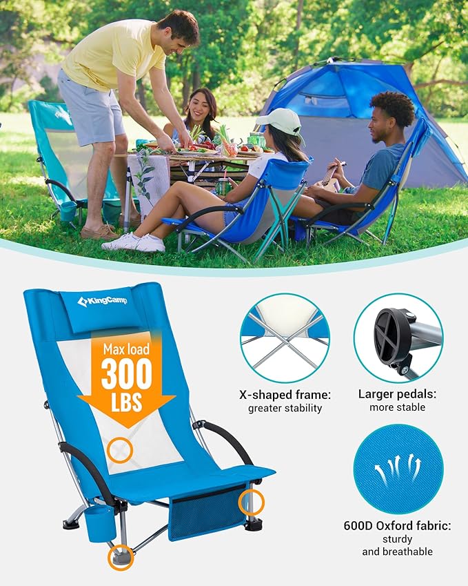 KingCamp Low Beach Chair High Back Folding Camping Chair for Adults Oversized Breathable Mesh Seat 300lbs Heavy Duty Portable Chair with Cup Holder &amp Storage Pockets for Beach Outdoor