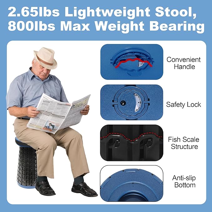 ALEVMOOM 18 Collapsible Stool 800lbs Max Weight Heavy Duty Portable Retractable Folding Telescoping Foldable Camping Stool for Adults Outdoor Fishing Travel BBQ (Navy)