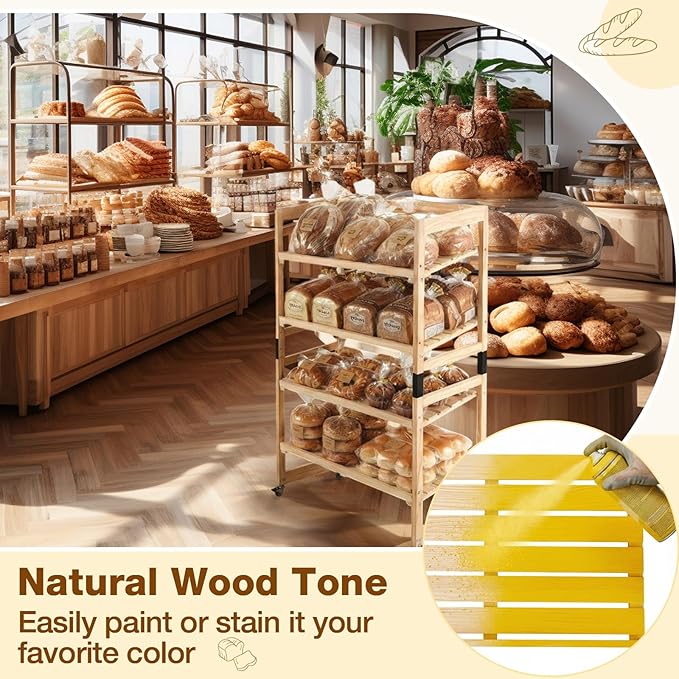 55 x 30 x 18 4 Tier Wood Bakery Bread Rack with Angled Shelves Bread Fruit Vegetable Display Shelf Stand for Shop Pantry Office Grocery Supermarket Kitchen Organizer