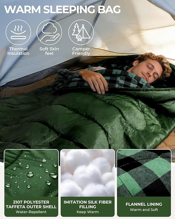 Sportneer 0 Degree Sleeping Bag for Cold Weather XL Winter Sleeping Bag for Adults Flannel Lined Camping Sleeping Bag 32°F–59°F Rated 87 x 33.5 4.4 lbs Detachable Hood Compression Sack