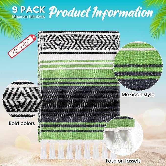 Peryiter 9 Pcs Mexican Blanket Bulk Large Yoga Blanket Striped Falsa with Fringed for Outdoor Beach Picnic Couch 45 x 70 inch (Green Colors)