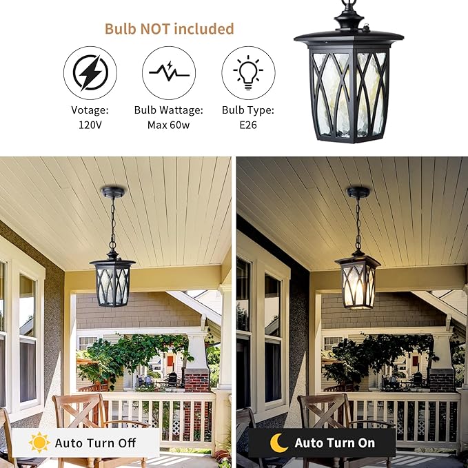 JYZ Dusk to Dawn Outdoor Pendant Lantern 15 Inch Craftsman Style Large Exterior Hanging Light with Water Ripple Glass Traditional Outdoor Chandelier for Front Porch Gazebo Patio Garden
