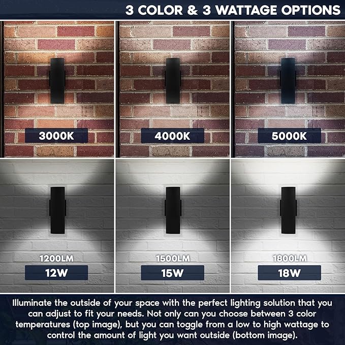 Luxrite Dusk to Dawn LED Modern Outdoor Wall Lights 10 Cylinder Up or Up and Down Light 3CCT 3000K-5000K Waterproof Wall Sconce 12/15/18W Dimmable IP65 ETL Exterior Porch Patio Garage 2-Pack