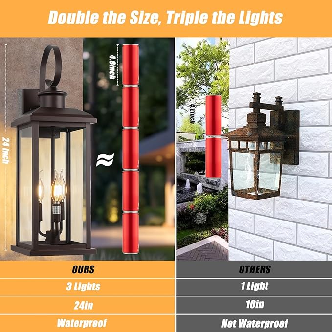 3-Light Large Outdoor Wall Light 2-Pack 24 Bronze Modern Extra Exterior Lighting Fixture Waterproof Porch Sconce Wall Mount Outside Lamp for Front Door Farmhouse