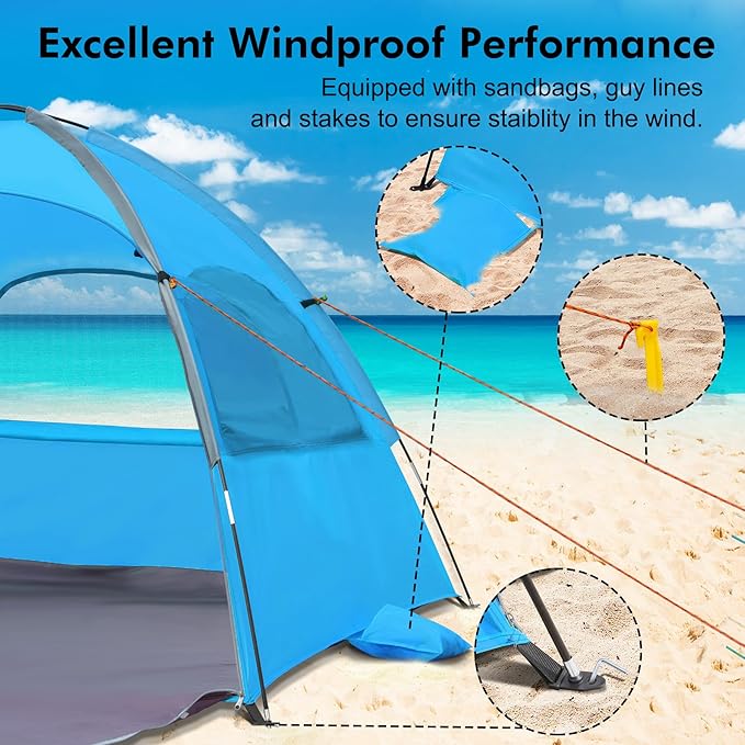 WhiteFang Beach Tent Anti-UV Portable Sun Shade Shelter for 3/4/6/8 Person Extendable Floor with 3 Ventilating Mesh Windows Plus Carrying Bag Stakes and Guy Lines