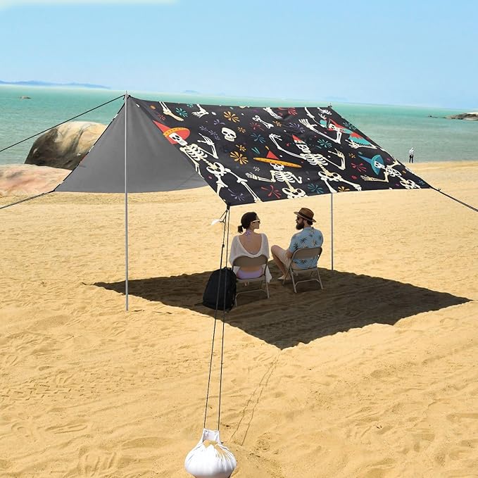 ALAZA Suagr Skull Halloween Beach Tent Sun Shelter UPF50+ Protection Beach Shade Canopy w/ 4 Sandbags for Outdoor Camping Fishing Backyard Fun Picnic 10x9 ft