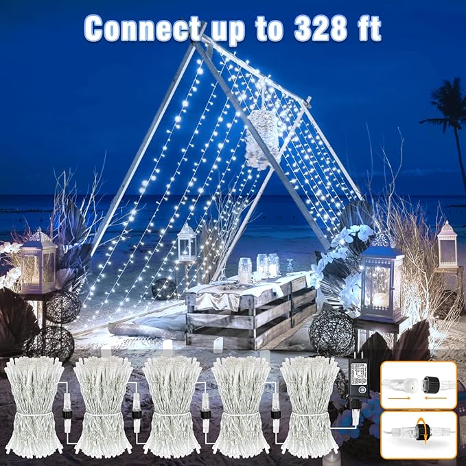 100FT 300 LED Outdoor String Lights Connectable Christmas Lights Indoor Waterproof with 8 Modes Plug in Twinkle Fairy Lights Clear Wire for Bedroom Home Wedding Patio Decorations White