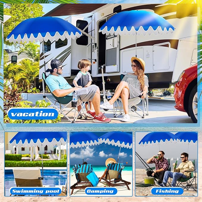 Abbylike 2 Pcs Scalloped Chair Umbrella with Universal Adjustable Clamp 38'' Portable Wheelchair Umbrella UPF 50+ Camping Chair Parasol with Bag for Outdoor Patio Lawn