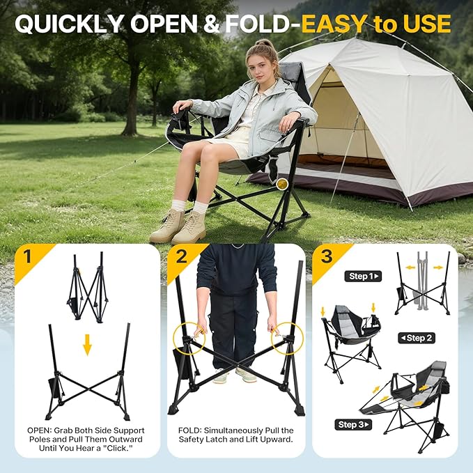 ZENPETIO Hammock Camping Chair with Footrest Swinging Portable Folding Camp Chairs for Adults 500lbs Heavy Duty Outdoor Rocking Chair Foldable Oversized Rocker with Cup Holder Pillow for Patio Beach