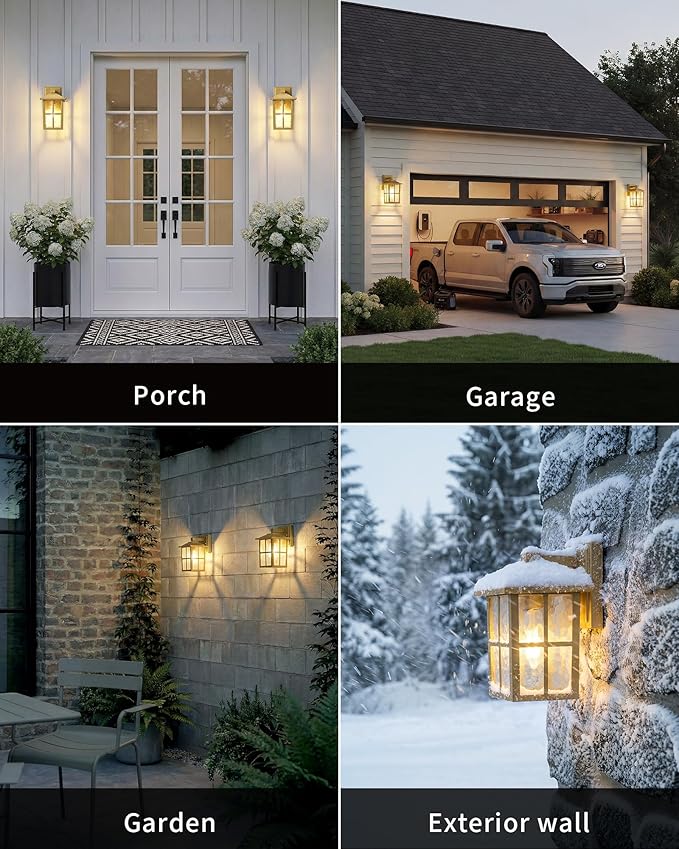 KDG Outdoor Waterproof Patio Wall Light Fixtures Set of 2 Gold E26 Socket Exterior Lanterns with Tempered Glass Modern Wall Mounted Lamp Suitable for Home Front Door Garden Garage Porch