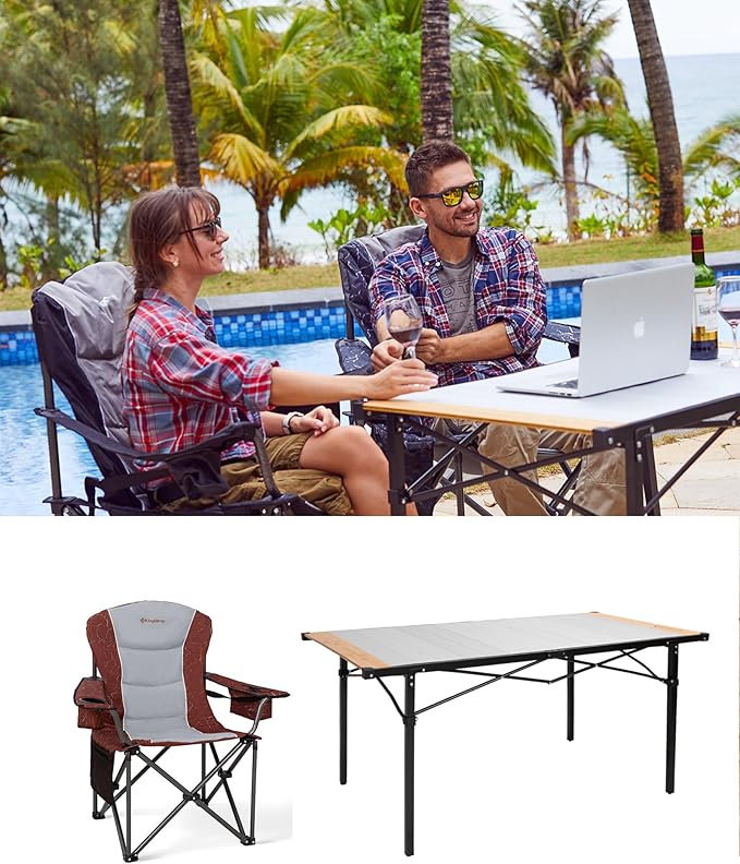KingCamp Oversized Camping Folding Chair Heavy Duty 450 LBS with Lumbar Support&ampFolding Camping Table Aluminum Roll-Up Camp Table