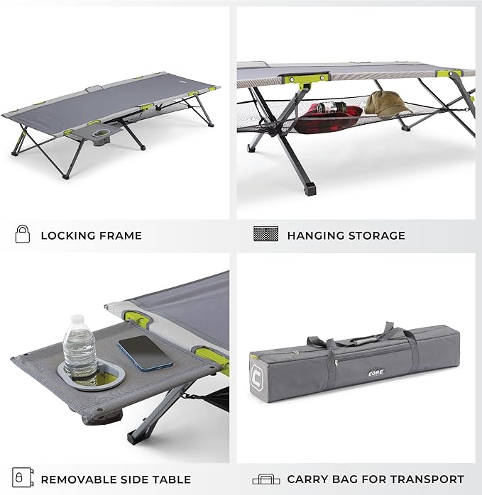 CORE Folding Camping Cot | Extra Wide Heavy Duty Camp Cot with Removable Side Table &amp Mesh Gear Loft | Folding &amp Portable Camp Bed with Carry Bag | Supports 300 lbs