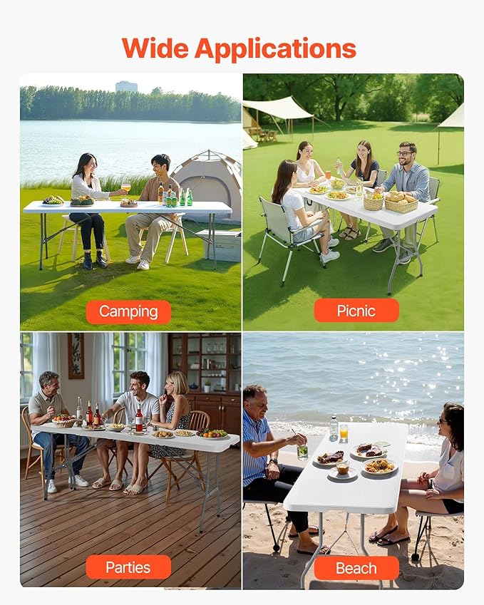 VEVOR Folding Table Heavy Duty Portable Fold-in-Half Utility Table Indoor Outdoor Plastic Rectangle Table with Built in Handle for Party Dining Wedding Events Picnic Camping 8 ft White