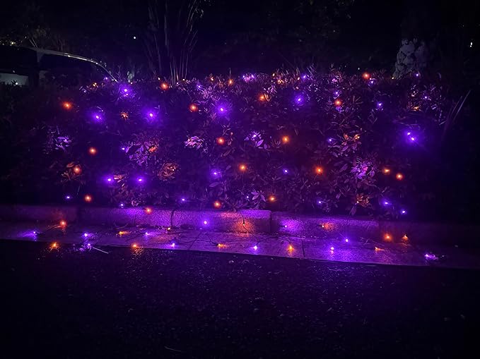 LED Christmas Net Lights Outdoor UL Certified 144LED 6ftx6ft Black Wire Connectable Waterproof Mesh Light for Christmas Party Yard Shrubs and Bushes Decorations (Orange and Purple)