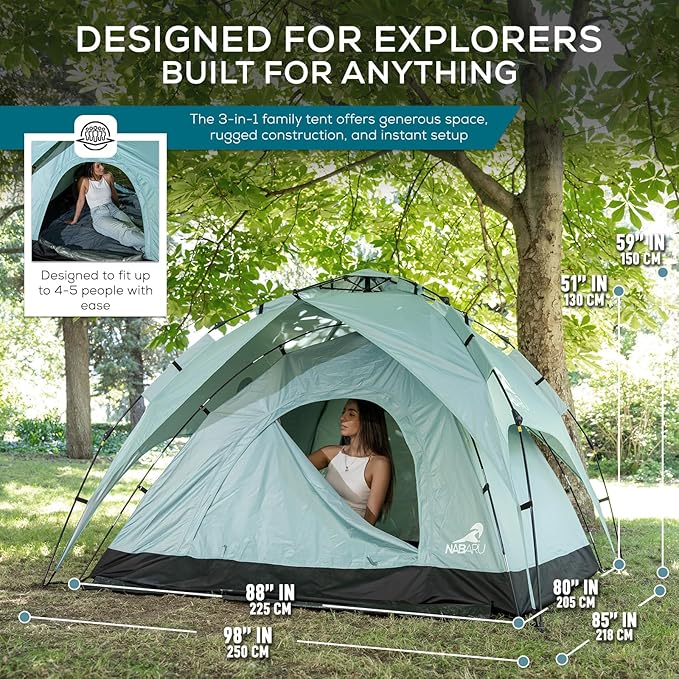 Automatic Camping Tent 3-in-1 Pop Up Tent for 4 People - Waterproof Polyester Ripstop with UV Protection Silver Coated Inner Layer Ideal for Family Camping.