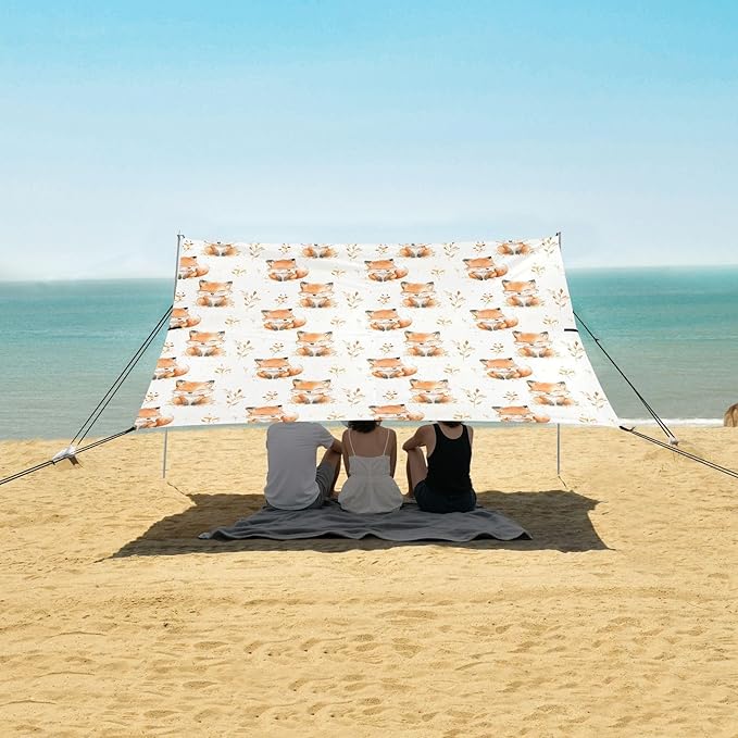 ALAZA Cute Fox Watercolor Beach Tent Sun Shelter UPF50+ Protection Beach Shade Canopy w/ 4 Sandbags for Outdoor Camping Fishing Backyard Fun Picnic 10x9 ft
