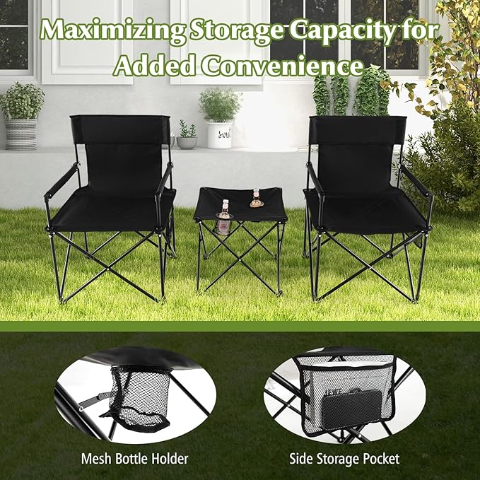 Tangkula 3 Piece Camping Chairs with Table Portable Folding Lawn Chair with Side Table Carrying Bag Side Storage Pocket 2 Cup Holders Outdoor Beach Chair Set for Backpacking Travel Camp