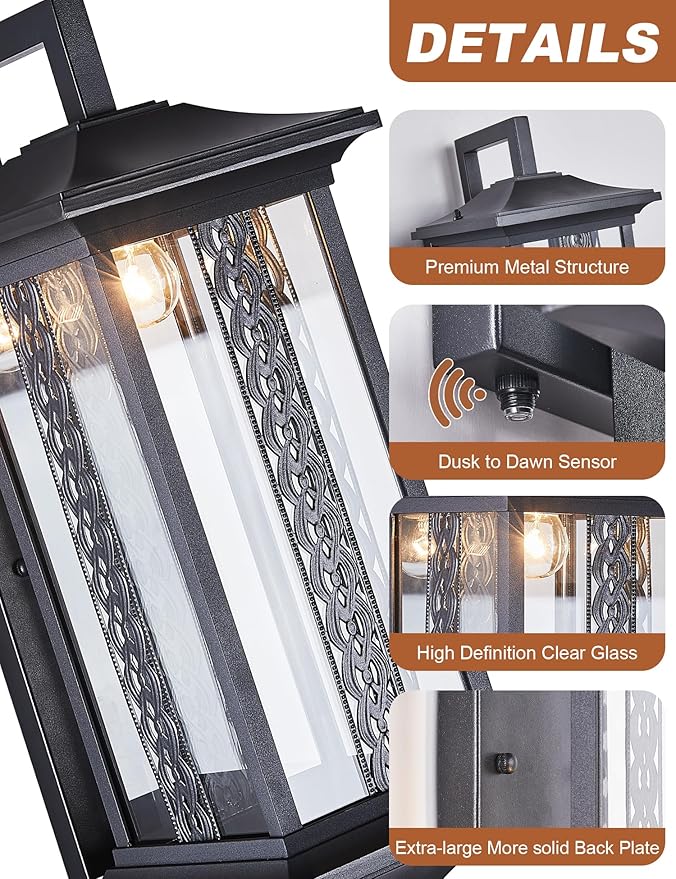 22.5”H Extra Large Outdoor Wall Light Dusk to Dawn Porch Light Fixtures Wall Mount Waterproof Exterior Wall Lamp Sconce with Tempered Glass Outside Carriage Light Perfect for Patio Garage Front Door