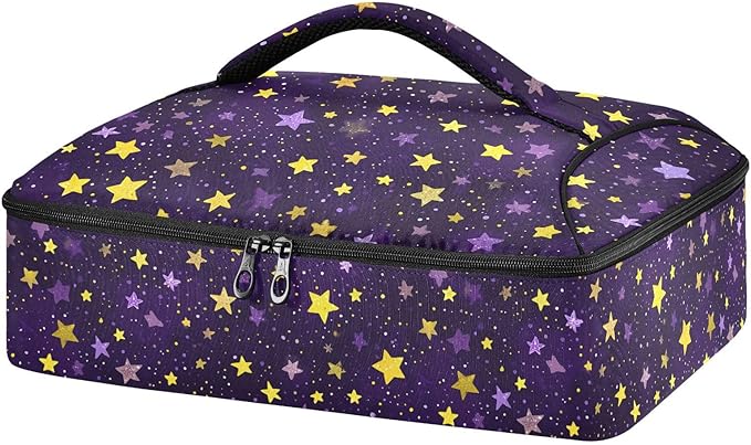Casserole Carrier Stars Purple and YellowInsulated Casserole Carrier for Hot or Cold Food Thermal Lunch Tote for Potluck Parties Picnic Beach Fits 9 x 13 Inches Baking Dish