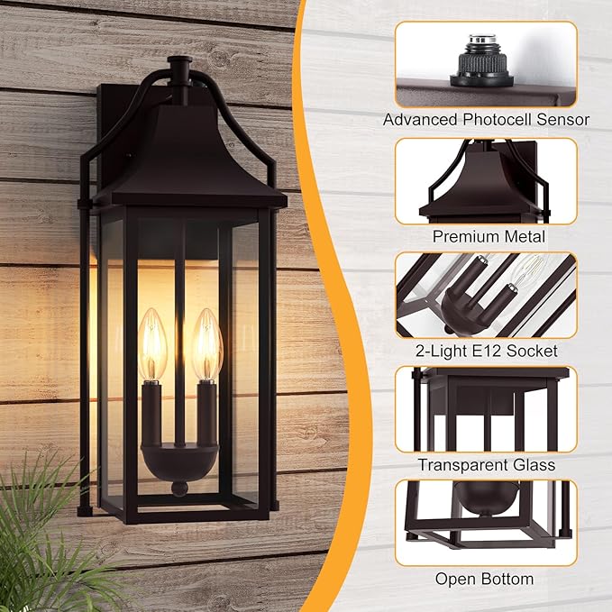 𝟏𝟖𝑰𝑵 Outdoor Wall Sconce Fixtures Dusk to Dawn Patio Lights Waterproof Exterior Lanterns 2-Light Modern Wall Light Mounted with Glass Brown Outside Lights for House Front Door Decor