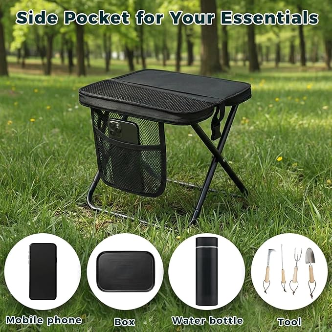 Portable Collapsible Stool - Folding Chair with Storage Pouch Convertible Satchel for Hands-Free Carry &amp Supports 265Lbs Ultralight for Hiking Fishing Camping Festivals (Black)