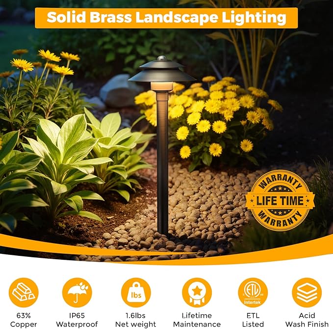 Gardencoin Solid Brass Low Voltage Landscape Pathway Lights (6'' Shade 19'' Tall) 12V LED Heavy Duty Path Lighting Outdoor Wired Waterproof Antique Bronze Walkway Light Without G4 Bulb6 Pack